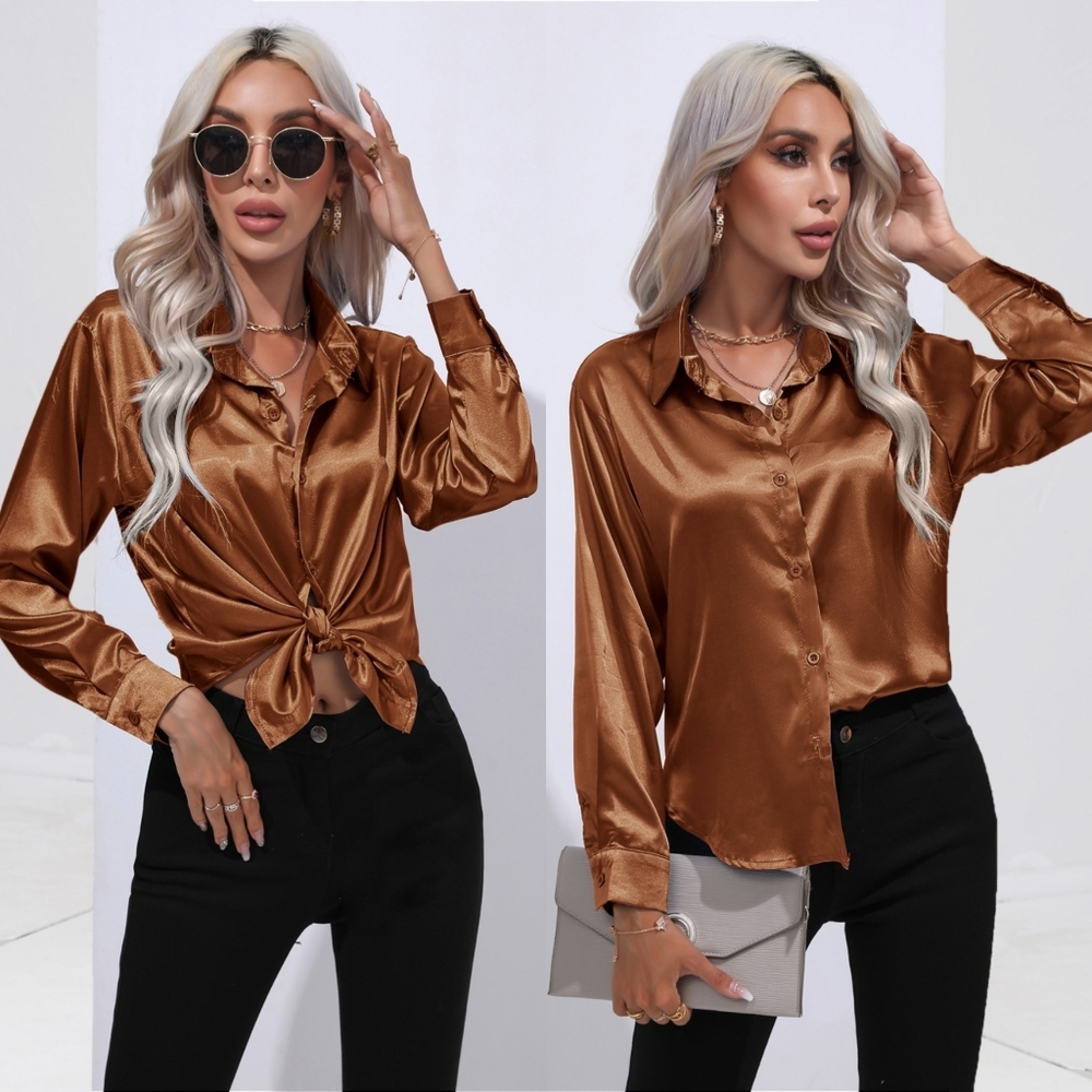 Satin Serenity Button-Up Shirt - Caramel